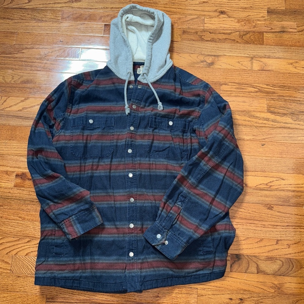 Duluth Trading Standard Fit Flannel Hooded Lined Jacket Men Navy Red 2XL Tall